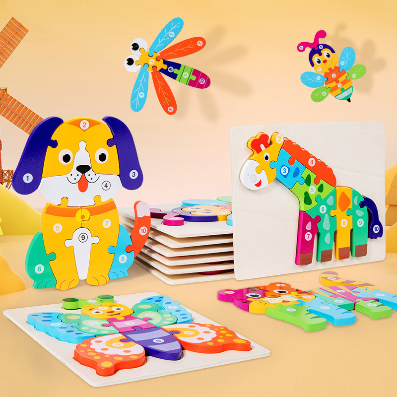 Cruz-frontera niños de madera hebilla animal rompecabezas digital tridimensional 26-Carta rompecabezas educación temprana juguetes educativos al por mayor