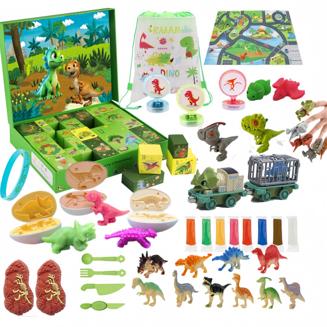 Tarjeta de identificación de dinosaurio transfronteriza caja ciega Tyrannosaurus coche de juguete Triceratops tubo telescópico extrusión CALENDARIO DE cuenta atrás