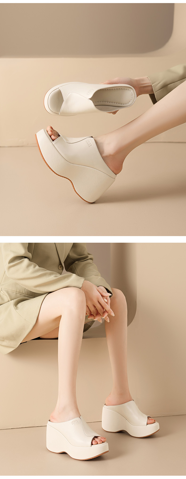 Dép sandal nữ quai chữ V đế xuồng cao 10 cm, chất liệu da thật, nhẹ nhàng — màu đen, Trắng kem- chi tiết 8