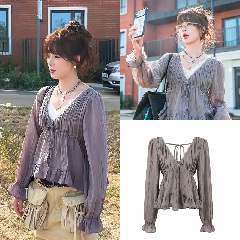 Fan Shun XH Korean style Zhao Zhaoyi's same ruffled long-sleeve shirt, Dongdaemun autumn new V-neck tie top Fan Shun XH Korean style Zhao Zhaoyi's same ruffled long-sleeve shirt, Dongdaemun autumn new V-neck tie top