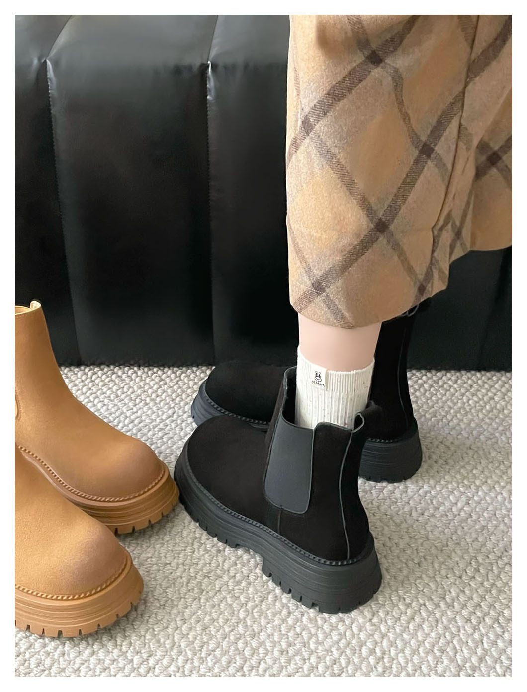 Retro all-in-one platform booties Women's new ankle boots with thick heel elastic sanded leather boots_voghion.com