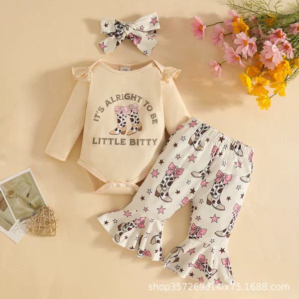 Baby Girl Clothing Set: Cute Pullover Romper with Round Neck and Flutter Sleeves + Fashionable Flared Long Pants with Elastic Waistband + Hair Tie