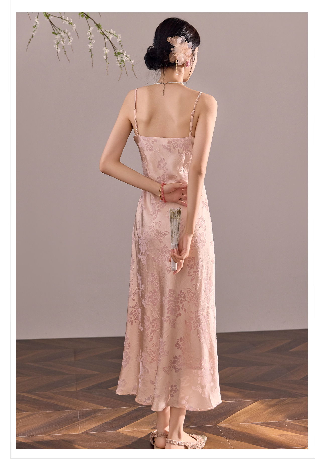 Đầm maxi nữ quốc phong dây mảnh chữ A dáng dài thắt eo — màu đen chi tiết 13