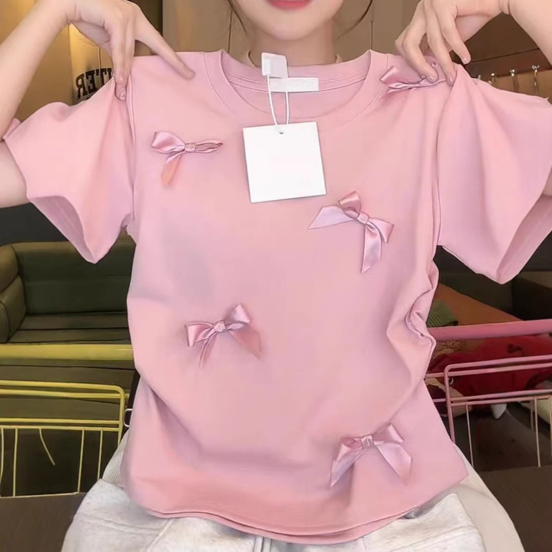 Cross-Border Japanese-Style Sweet Pink Bow Short-Sleeve T-Shirt, Summer College Style Slim-Fit Cropped Top