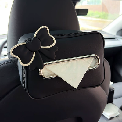 Car Tissue Box Bow Leather Car Seat Back Hanging Female Tissue Box Multi-Functional Armrest Box Tissue Box Cover (Car tissue box/set) - leather-tissue-box-black-black-bow