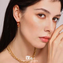 欧麦卡新款时髦豹纹滴油环形耳环耳扣中古气质铜材质保色耳饰批发