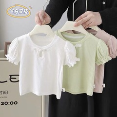 2024新款新中式短袖兒童裝洋氣女童T恤夏季花邊上衣打底寶寶夏裝