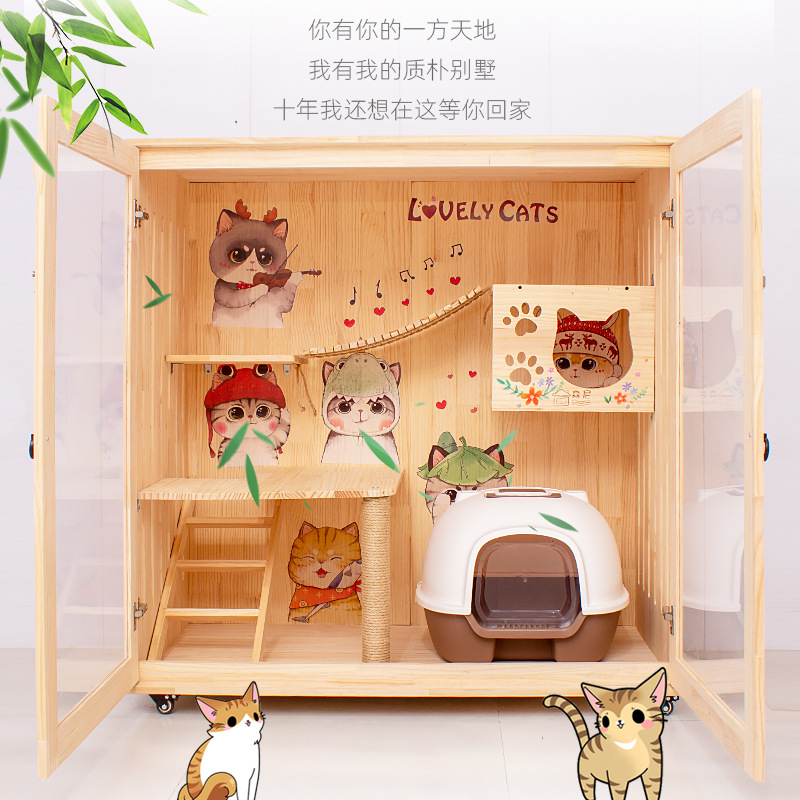 Cat cage villa home indoor cat house solid wood cabinet shelf cat nest extra large space pet house universal for all seasons
