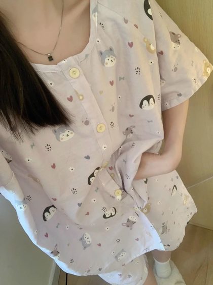 Korean Cute Penguin Short-Sleeved Pajamas for Women Summer 2025 New Sweet Cartoon Thin Summer Home Wear Set