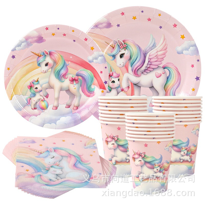 Amazon Rainbow Unicorn Theme Party Tableware Set Children's Birthday Party Decoration Paper Plate Paper Cup Tissue