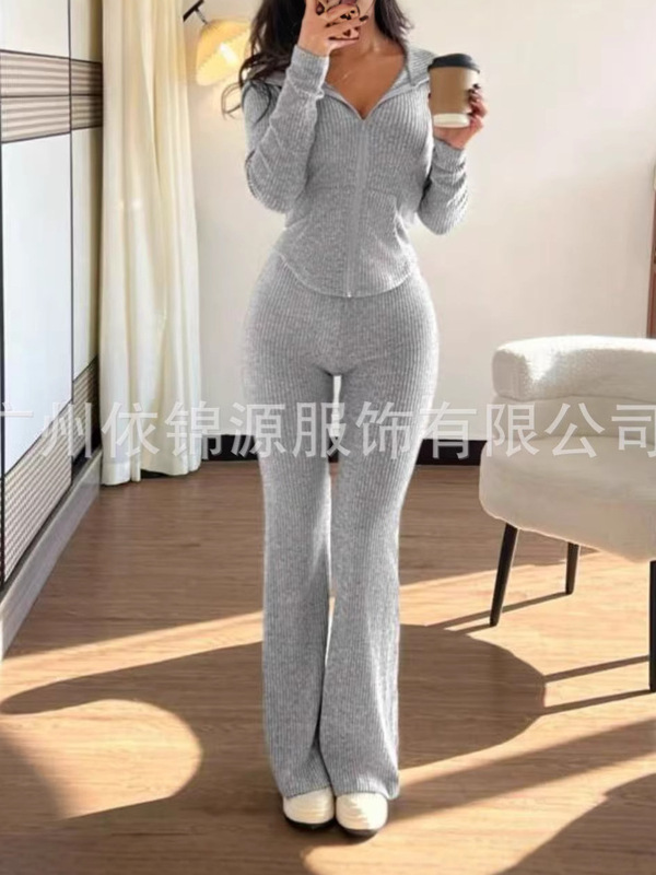 2025欧美跨境外贸女士修身春秋休闲拉链上衣长裤舒适套装|undefined