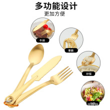 韩国户外餐具3件套 不锈钢刀叉勺带登山扣多功能设计便携卡扣套装