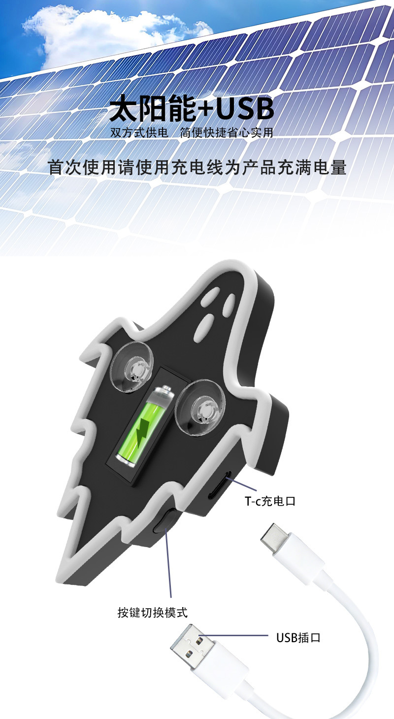 Car-mounted solar triangular window light, colorful car window light, devil ghost light, ambient light, suction cup-style car atmosphere light