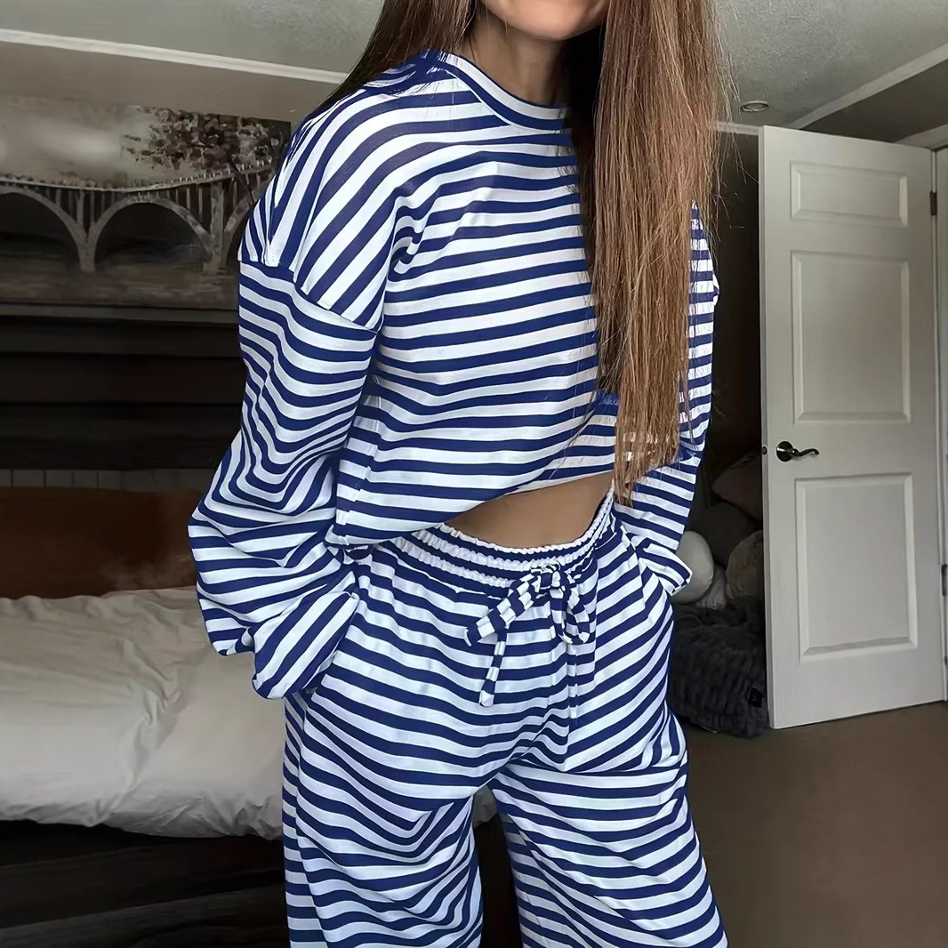 Women's Clothing Popular Striped Long-sleeved Top High-waisted Trousers Women's Fashion Casual Suit_ecoleips.com