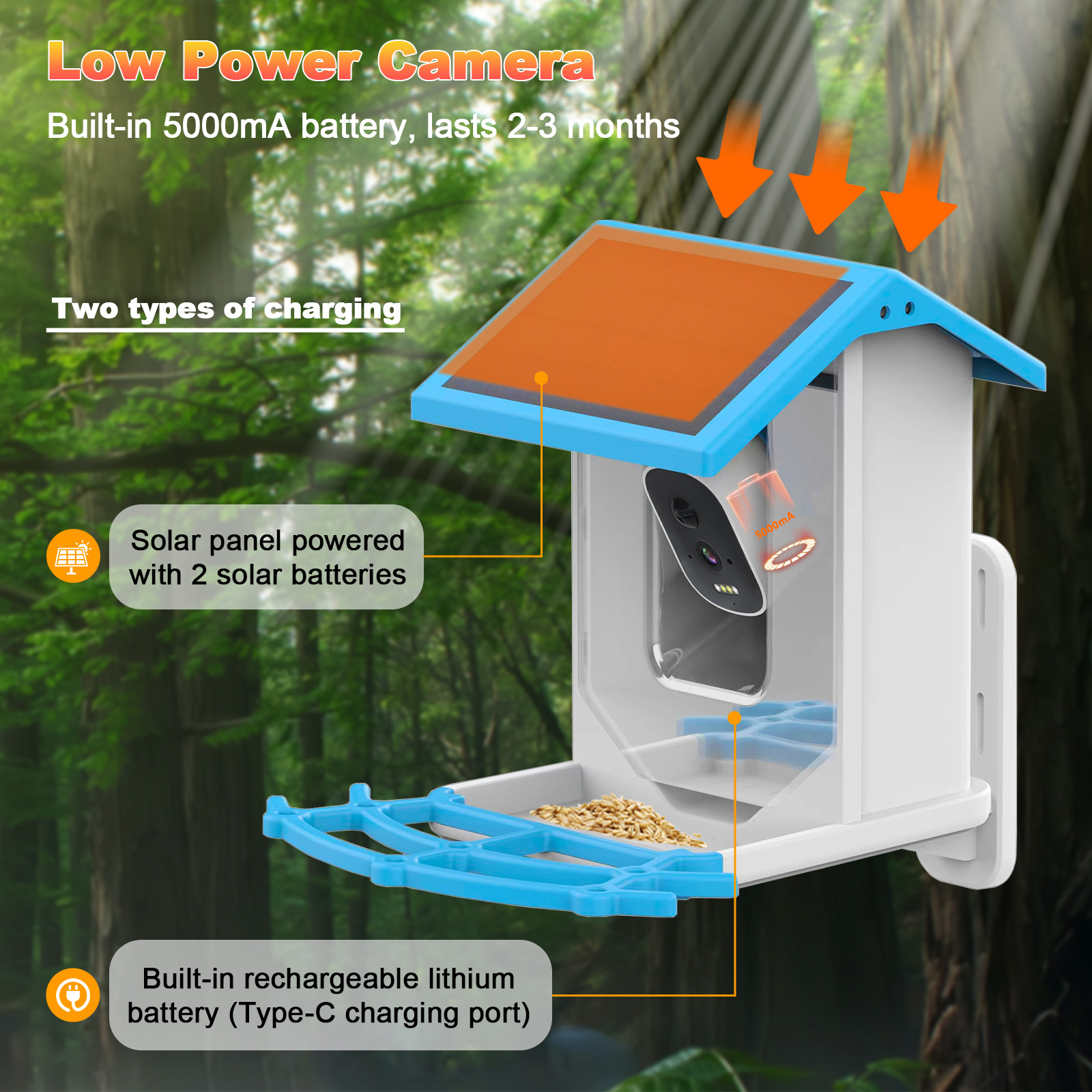 Fábrica de origen 4G inteligente alimentador de aves AI reconocimiento de aves 10000 energía solar 4MP alimentador de mascotas explosión transfronteriza