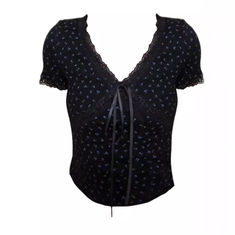 plus size Chubby Sister Pure Desire Sweet and Spicy Style Wave Dot Lace Stitching Black V-neck Short-sleeved T-shirt Spring and Summer New Top for Women