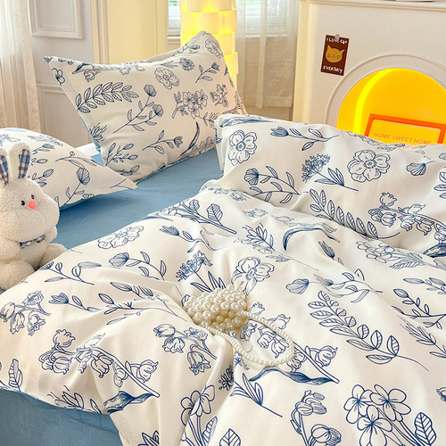 New skin-friendly printed brushed four-piece spring and summer thickened and warm Tianzhu cotton three-piece student dormitory set wholesale