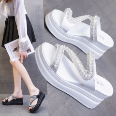 夏季松糕跟拖鞋女2024新款外穿網紅坡跟珍珠坡跟女涼拖鞋子ins潮