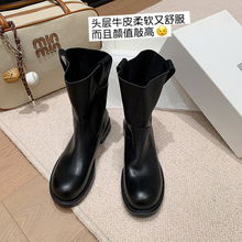 秋季新款牛皮短靴四季款马丁靴圆头骑士靴宽口女靴子极简复古靴女