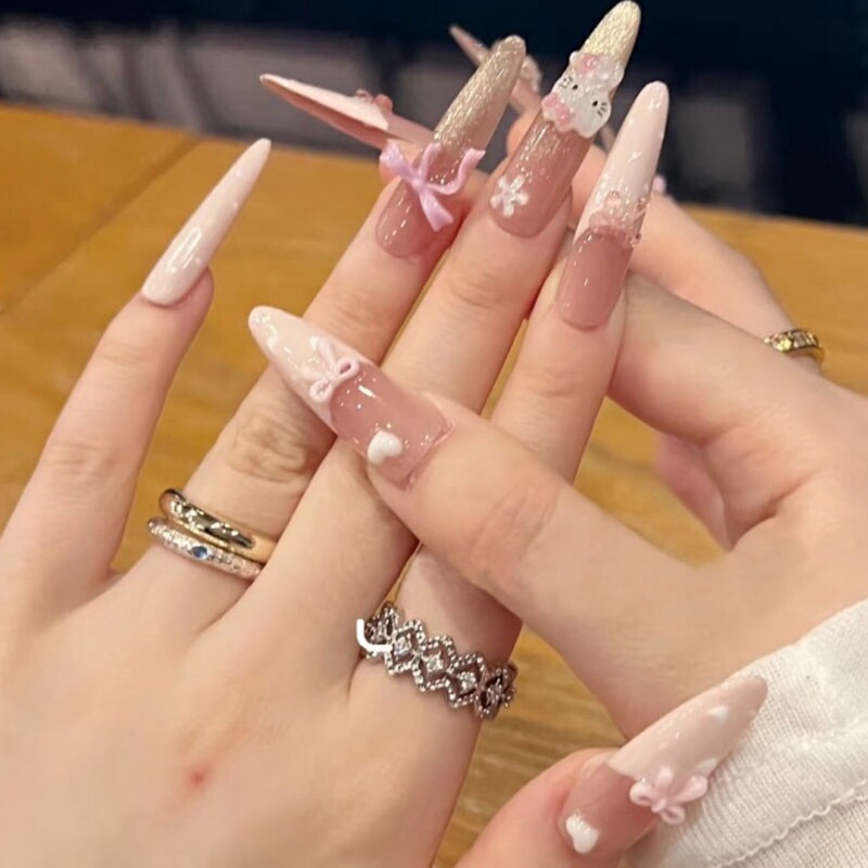 New Handmade Kt Pink Kitty French Cat Eye Removable Manicure Handmade Wearable Nail Patch