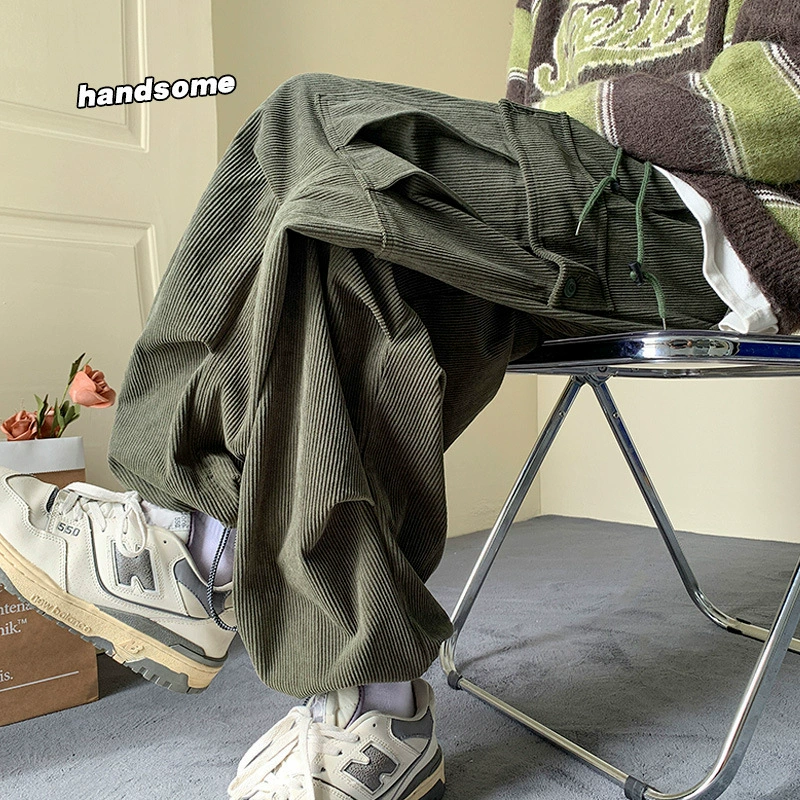 Вельветовые брюки мужские толстые американские ретро большие карманные брюки для ног комбинезоны осень-зима шнурок свободные повседневные брюки