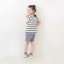 2025彩色条纹蝴蝶结领口公主女童波浪短袖T恤