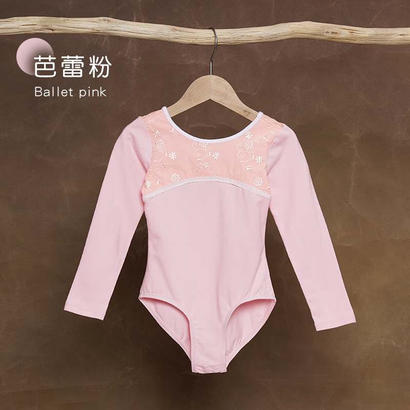 Traje de baile para niños Traje de entrenamiento de manga larga de otoño para mujer Traje de ballet de red suave bordado Espectáculo de ropa de entrenamiento de gota de agua