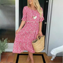 欧美新款时尚女装亚马逊独立站热销爆款夏季圆领印花短袖连衣裙