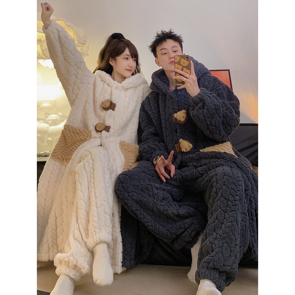 Couple Style Nightgown for Women Autumn and Winter Long Bear Fleece-Lined Thickeneded Coral Velvet Men's Pajamas Home Wear Two-Piece Set