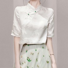 法式复古气质中式改良旗袍衬衫2023夏季新款女高级感白色提花上衣