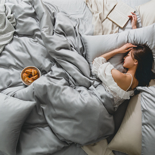 Solid Color 100% Lyocell Tencel Four-Piece Set Silk Texture Naked Sleep Summer Bedding Ice Silk Sheets Bed Skirt Bed Linen 