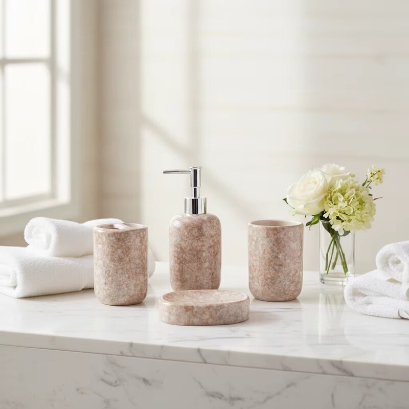Hengfei Luxury Durable Ceramic Dolomite Bathroom Accessories Set Marble Texture 4-Piece Set for Hotel Use Hengfei Luxury Durable Ceramic Dolomite Bathroom Accessories Set Marble Texture 4-Piece Set for Hotel Use