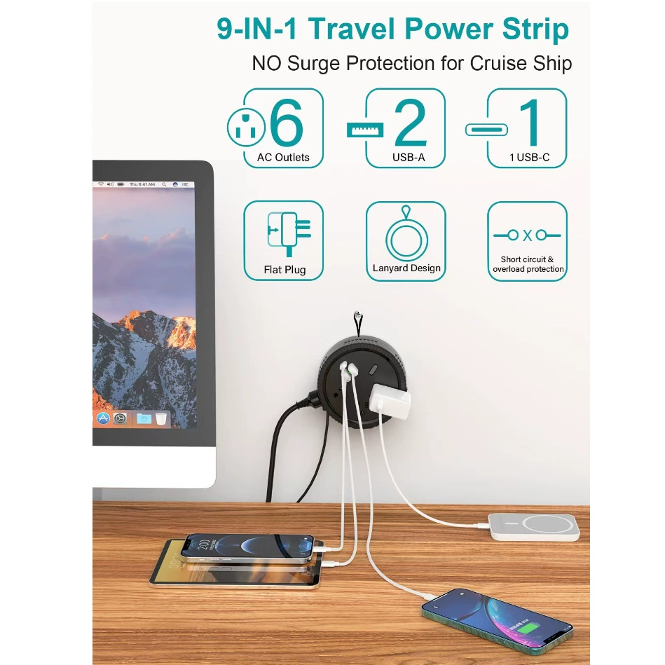 Patented cross-border new product American version power strip with retractable cable multi-port USB fast charging