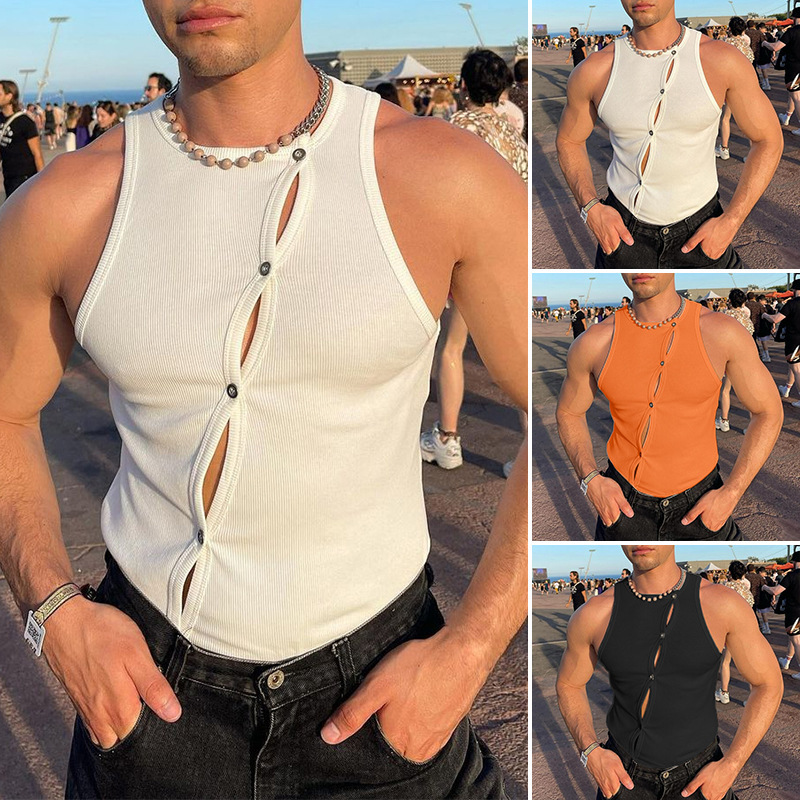 2023 verano nuevo comercio exterior de los hombres stretch corsé moda cardigan Europa y América del músculo sexy chaleco apretado