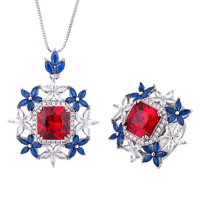 Zhuang Sheng joyas de cobre inferior chapado en oro joyería traje simulación rojo corindón Esmeralda flor forma traje femenino 10*10