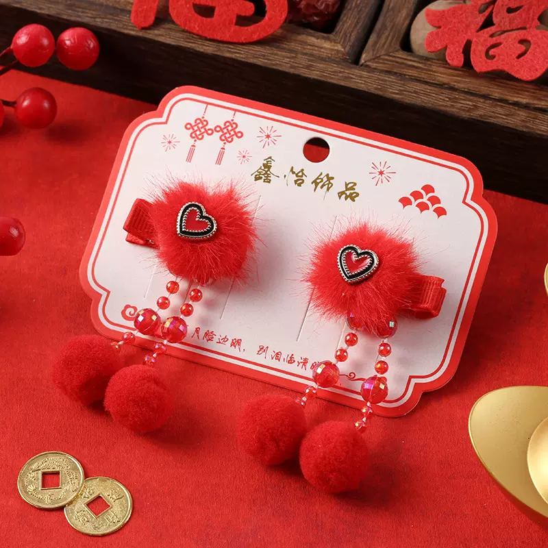 大红花朵发夹新年古风儿童发卡中国风流苏公主对夹小女孩喜庆头饰