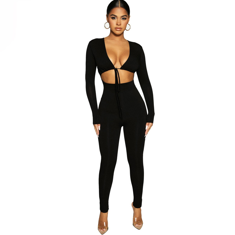 women's solid color lace-up long-sleeved tight-fitting jumpsuit nihaostyles clothing wholesale NSLJ76035
