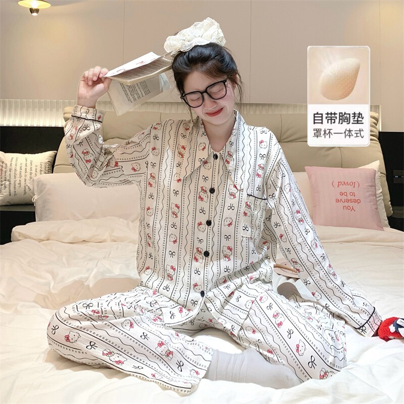 Women's autumn pajamas with chest pads, cloud cotton cartoon girl cardigan with long pointed collar, student home wear set, can be worn outside Women's autumn pajamas with chest pads, cloud cotton cartoon girl cardigan with long pointed collar, student home wear set, can be worn outside