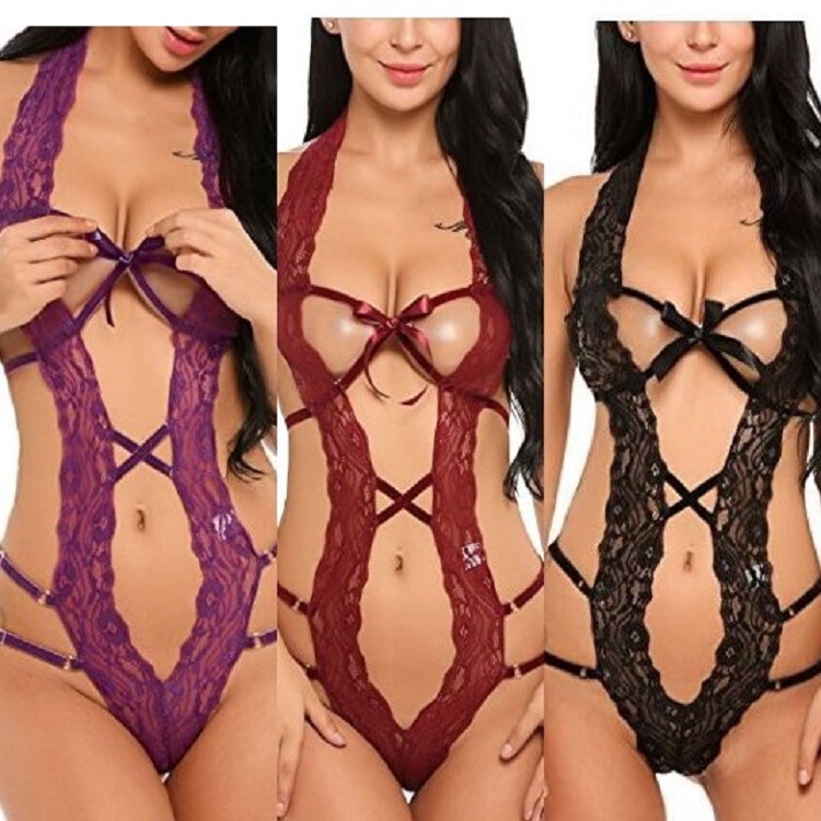 Cross-border hot selling European and American new sexy hollow backless perspective strap bow lace one-piece sexy lingerie
