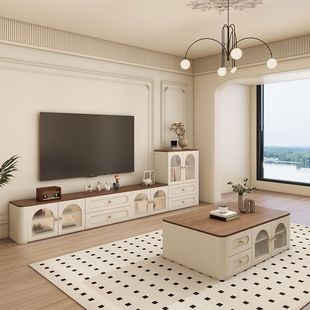 Solid Wood French Retro Tv Cabinet Coffee Table Combination Small Apartment Living Room Storage Storage Cabinet Tv Floor-Standing Side Cabinet