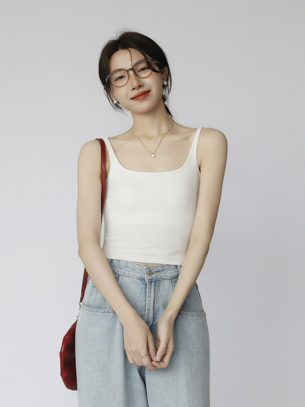 胸パッド一体型、スクエアカラー、細いショルダーストラップ、女性用サスペンダーショートスタイル、美しい背中、ブラジャー不要、ノースリーブベスト、アウターウェア|undefined