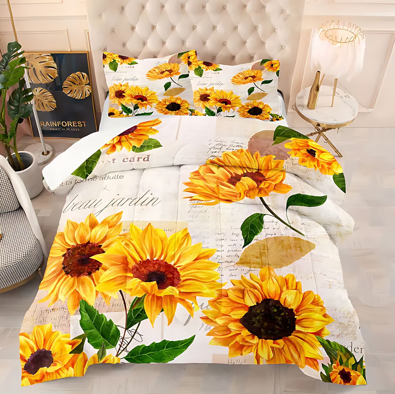 TEMU / JIT transfronterizo direccional girasol tema de impresión digital HD 180gms colcha colchón conjunto de almohada