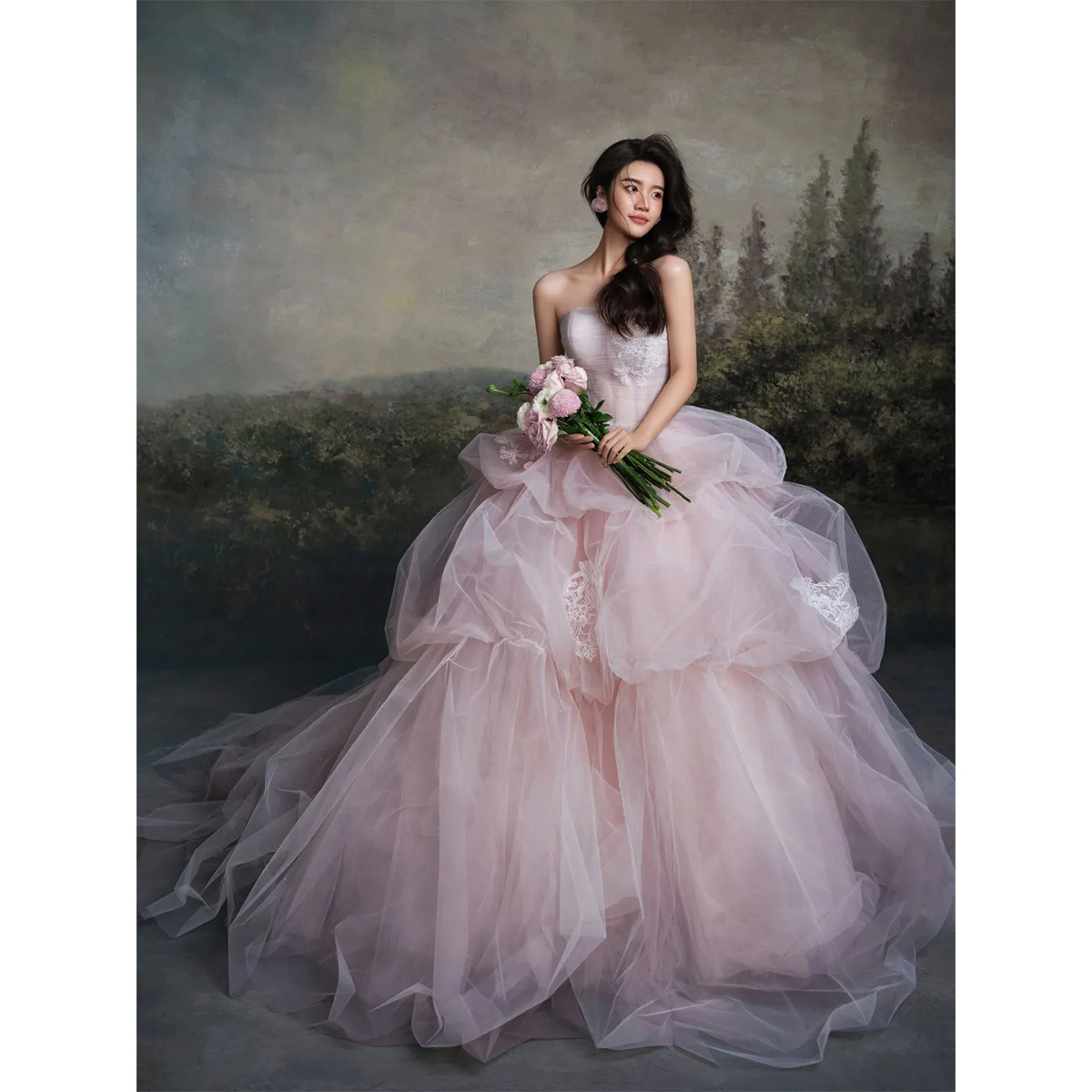 Photo Studio New Theme Tube Top Wedding Dress Taro Purple Retro Oil Painting Photography Style Beautiful Photo Exquisite Dress Skirt