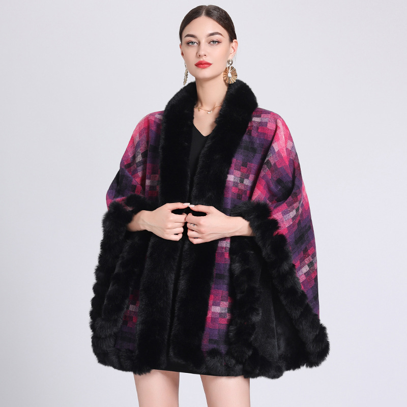 Fleece thickened plaid collar cape cape loose large size knitted cardigan coat for women_voghion.com