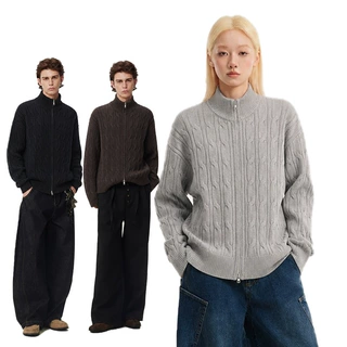 CATTEE 翻领双拉链休闲针织开衫上衣女复古麻花宽松慵懒毛衣外套