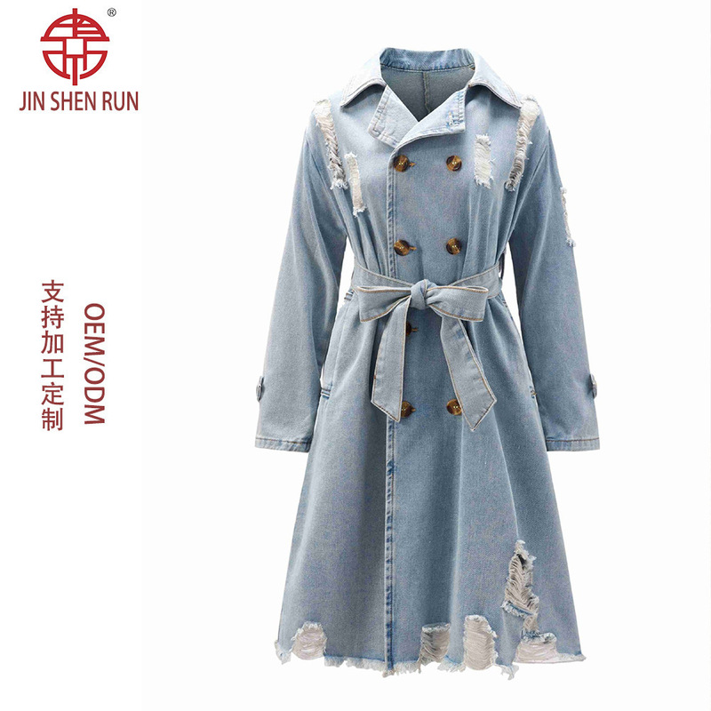 2025 Spring and Autumn New Spring Hong Kong Style Retro Denim Windbreaker Jacket Women's Mid-Length over the Knee Waist Temperament