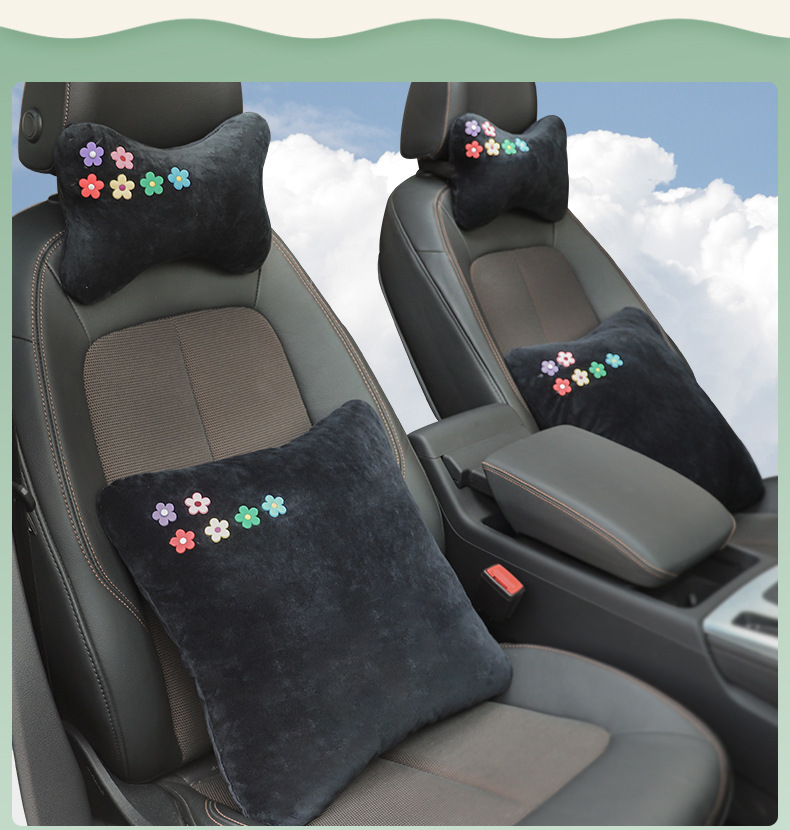 Car Headrest, a Pair of Lumbar Support Pillows, Four-Piece Set, Car Sleeping Essentials, Camellia Seat Car Neck Support Pillow