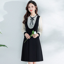 韩版时尚玫瑰花朵连衣裙2024春新款拼结假两件长袖裙中长款A字裙