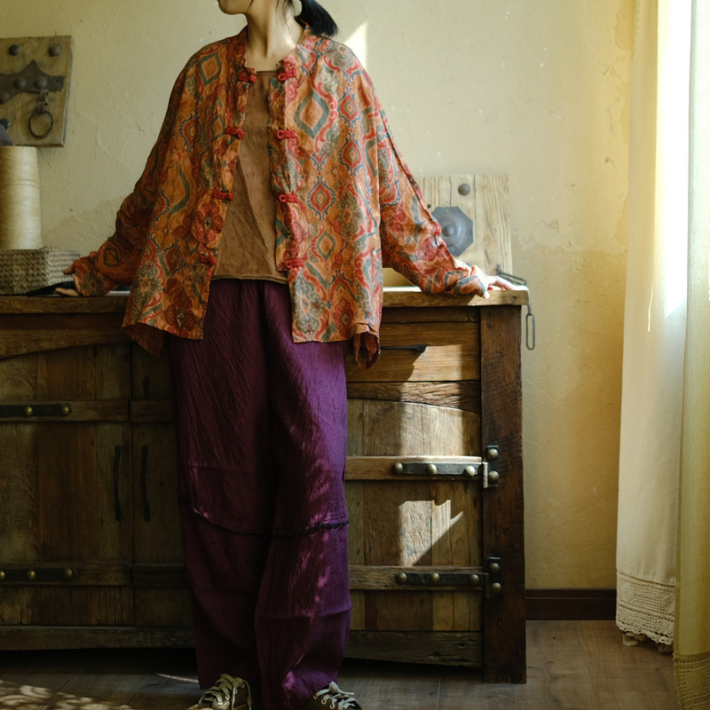 Little Mud Girl Original Design Retro Artistic Niche Outfit Ramie Loose Shirt Cardigan Jacket 1972 Agarwood