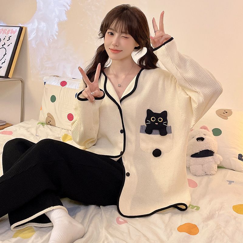 Transfronterizo al por mayor otoño y invierno de algodón waffle lindos cardigans pantalones de manga larga calentamiento ropa de hogar conjunto pijamas mujeres